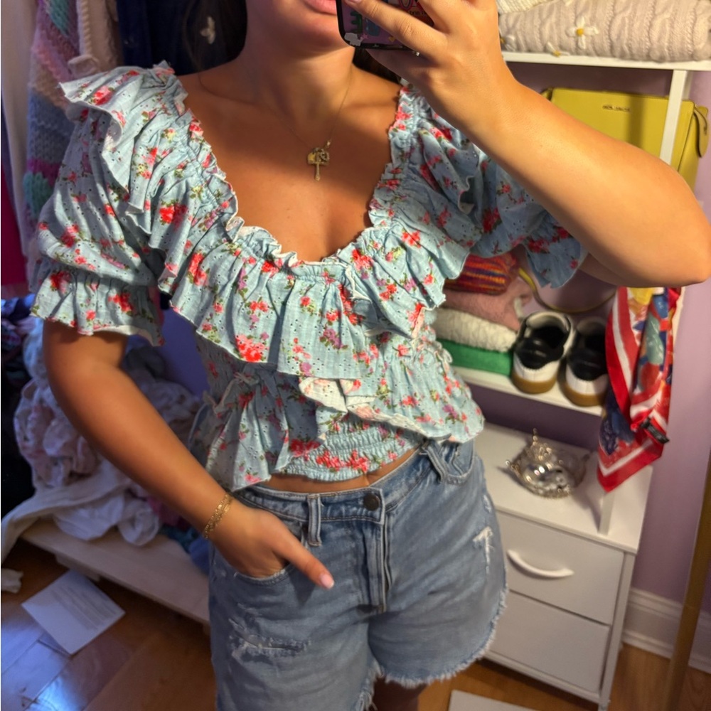 Free People Floral Ruffle Blouse - Light Blue and Red